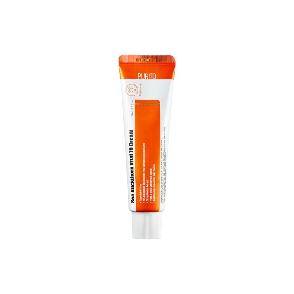Creme-Tube mit orangefarbenem Deckel und Schriftzug. Produktname: Sea Buckthorn Vital 70 Cream. Marke: Purito.