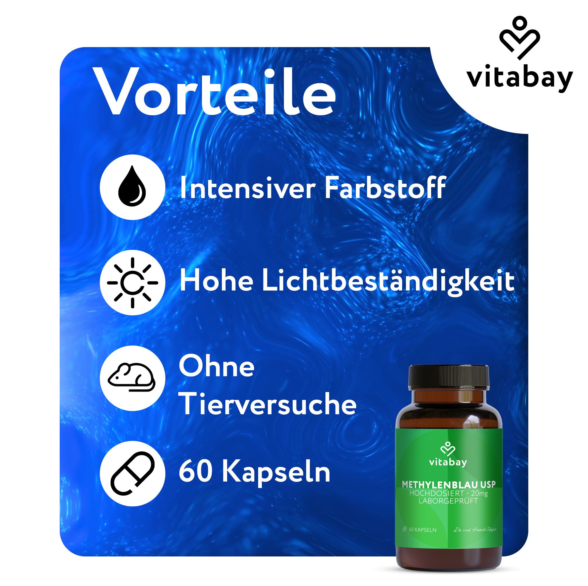 Vitabay Methylenblau USP 20mg Flasche. 60 Kapseln. Ohne Tierversuche. Hohe Lichtbeständigkeit. Intensiver Farbstoff. Vorteile.