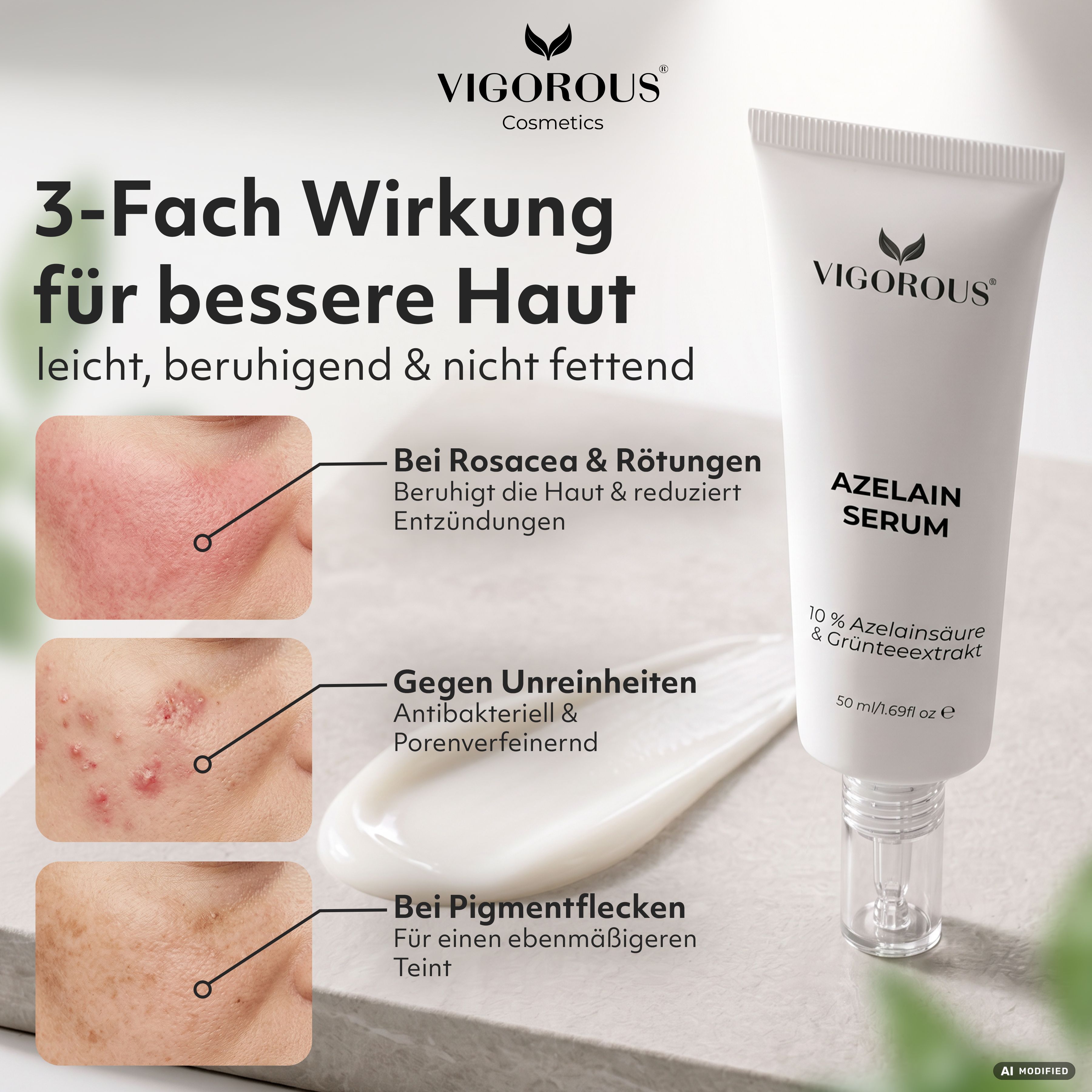 Vigorous Azelain Serum: 3-fach Wirkung gegen Rosacea, Rötungen, Unreinheiten, Pigmentflecken. Leicht, beruhigend.