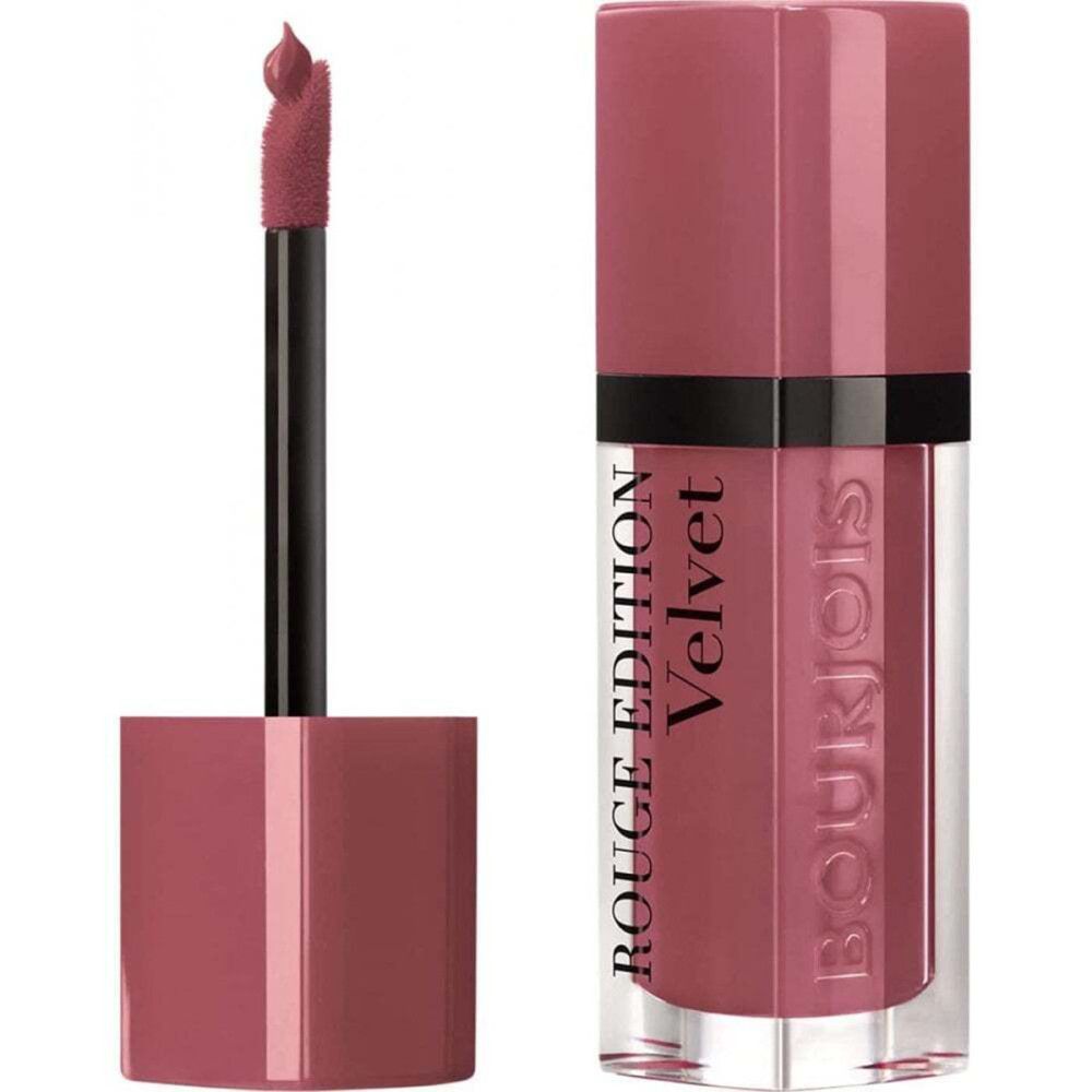 Bourjois Rouge Edition Velvet Lippenstift mit Applikator. Produktname sichtbar. Flasche und Applikator in Rosa.