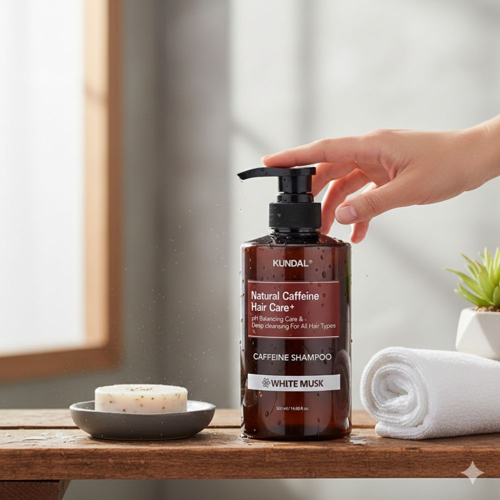 KUNDAL Natural Caffeine Hair Care+ Shampoo (White Musk) in einem Badezimmerambiente mit Handtuch und Seife.
