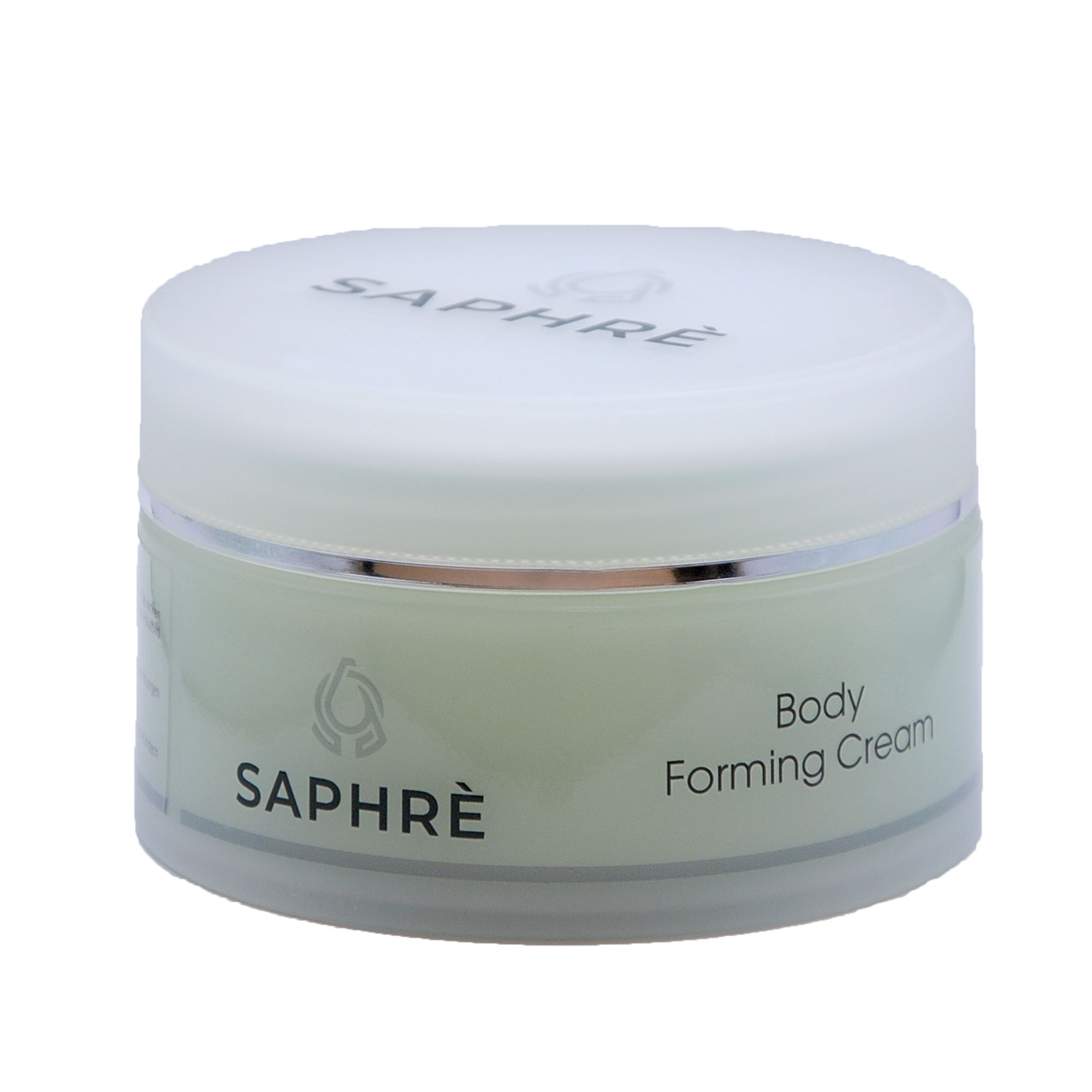 Behälter mit Saphre Body Forming Cream. Weißer Deckel, silberner Rand, grüne Creme. Text: Body Forming Cream.
