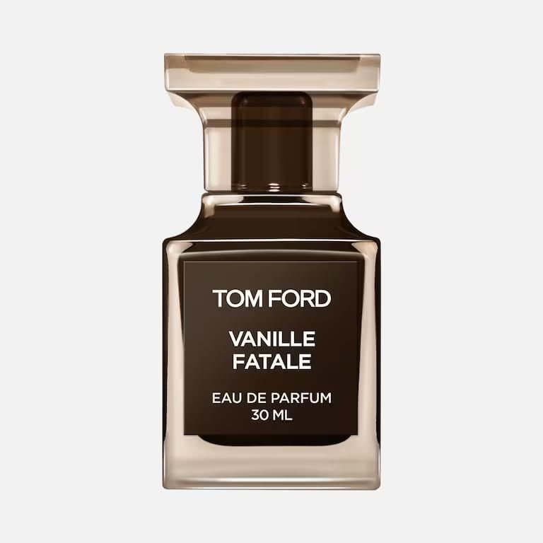 Parfümflakon TOM FORD VANILLE FATALE, 30 ml. Rechteckiger Flakon aus dunklem Glas mit schwarzem Etikett.