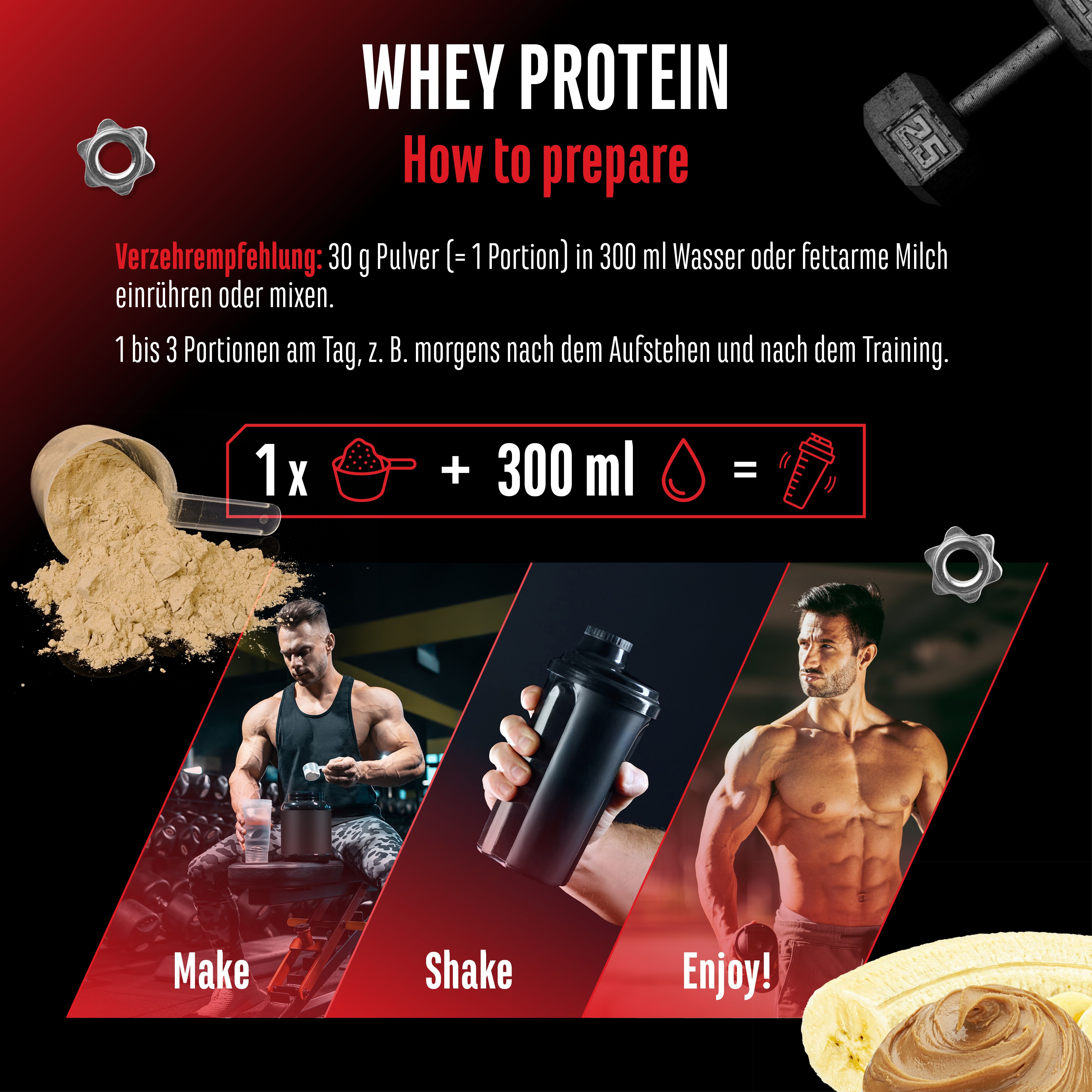 Anleitung zur Zubereitung von Whey Protein. 1 Portion + 300 ml Wasser/Milch. Schritte: Make, Shake, Enjoy! Mit Banane-Erdnussbutter.