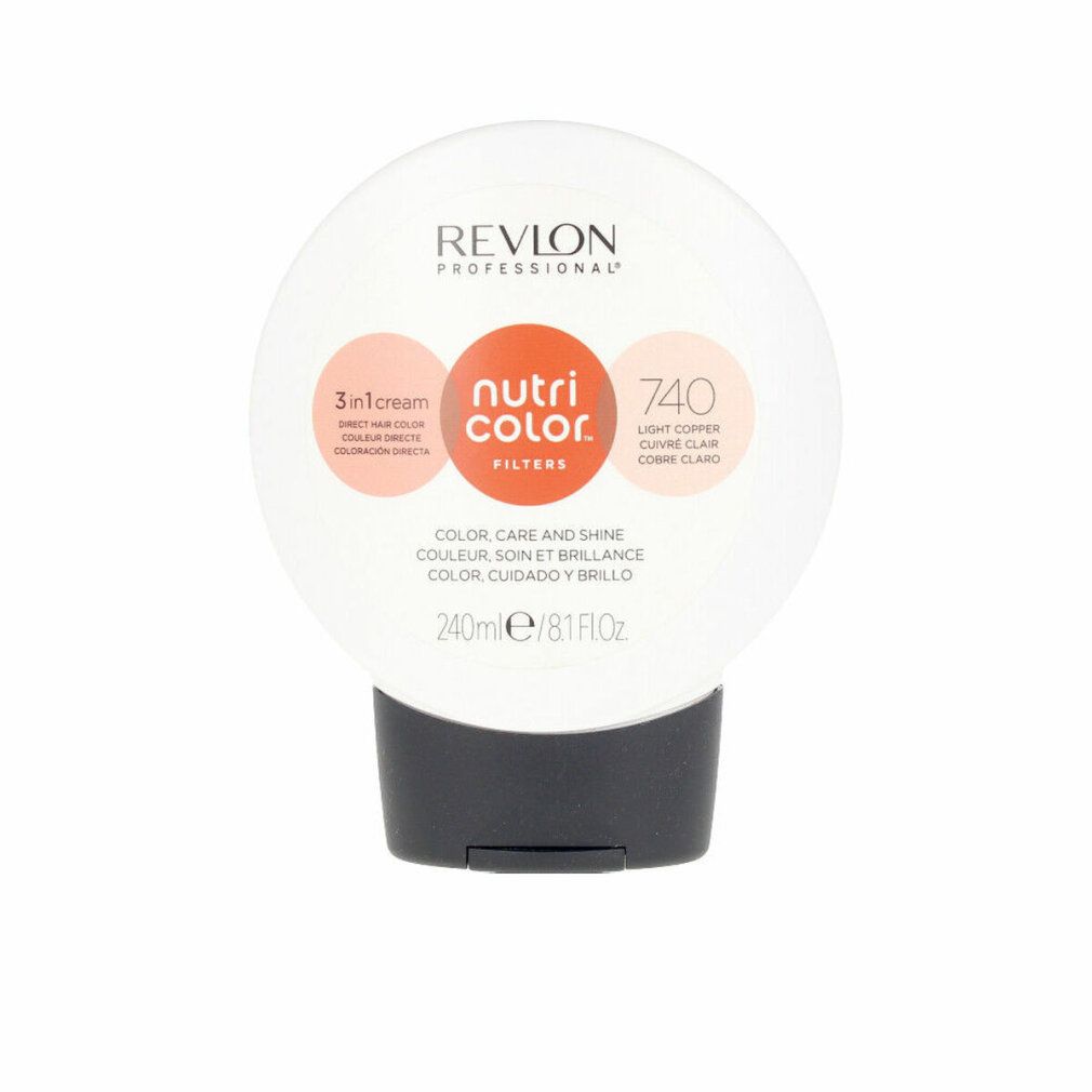 Weiß-schwarze Tube. Aufschrift: Revlon Professional, Nutri Color Filters 740. 3-in-1 Cream. 240ml/8.1 Fl Oz. Light Copper.