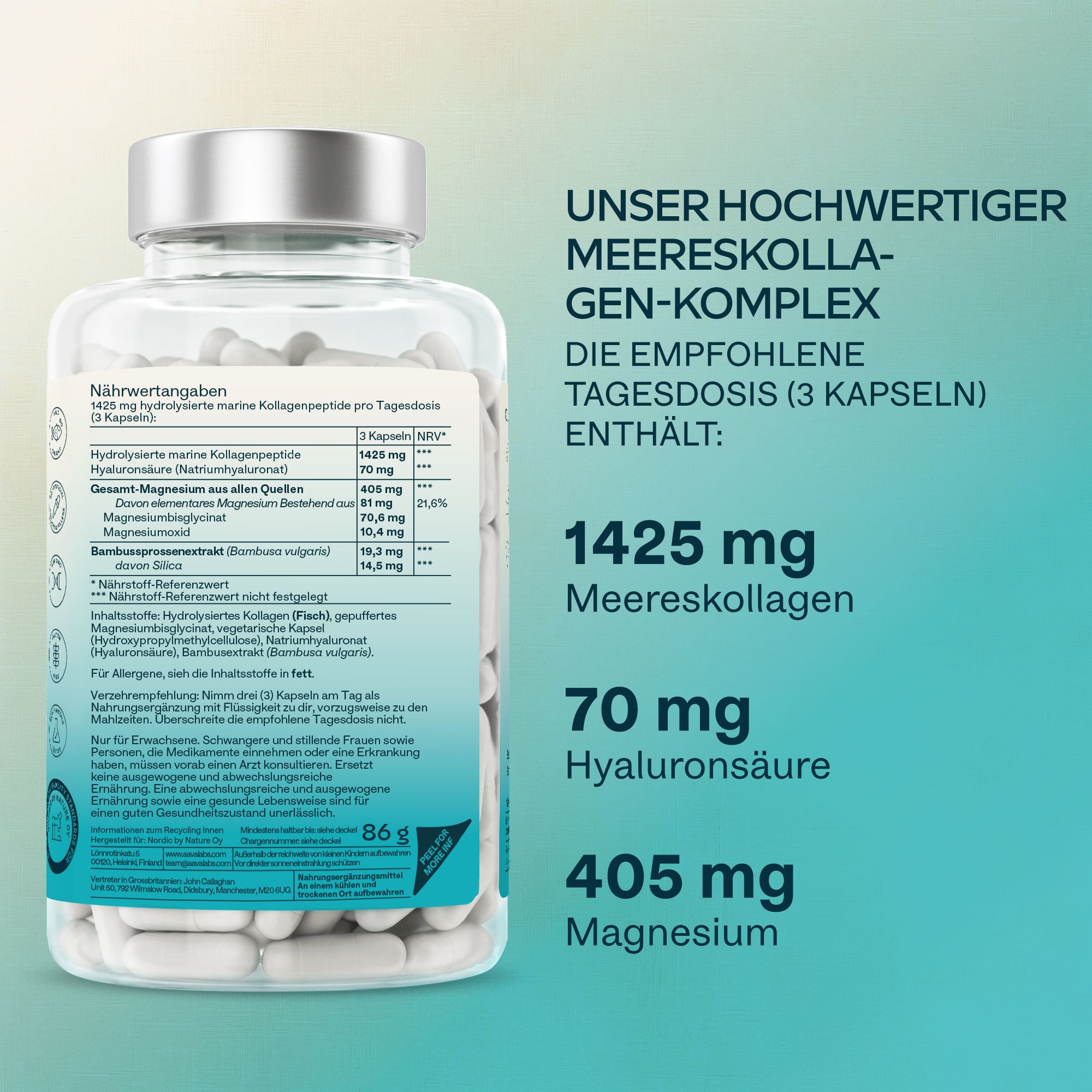 Rückseite der Flasche mit Nährwertangaben. Enthält hydrolysiertes Marine Collagen, Hyaluronsäure und Magnesium. 86g.