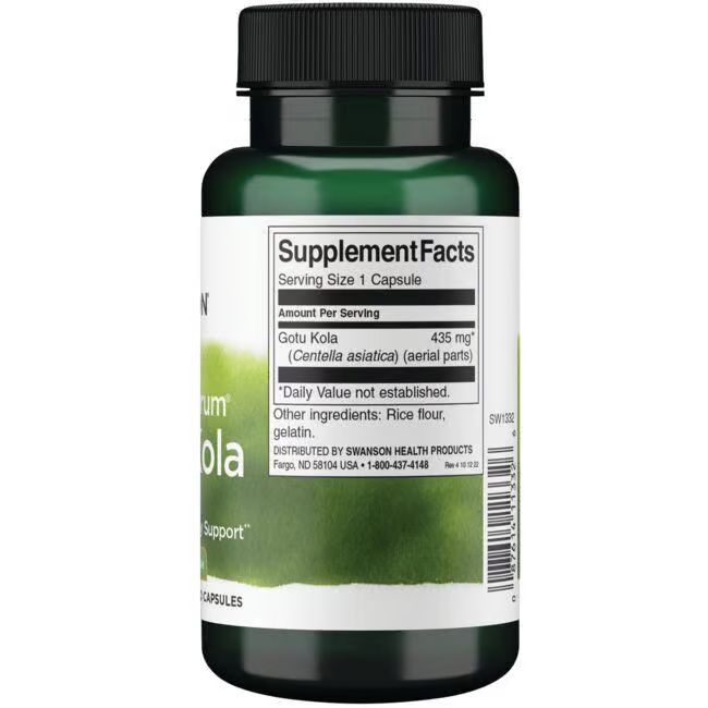 Rückseite der grünen Flasche. Aufschrift: Supplement Facts, Gotu Kola, 435 mg, Zutaten, 1-800-437-4148.