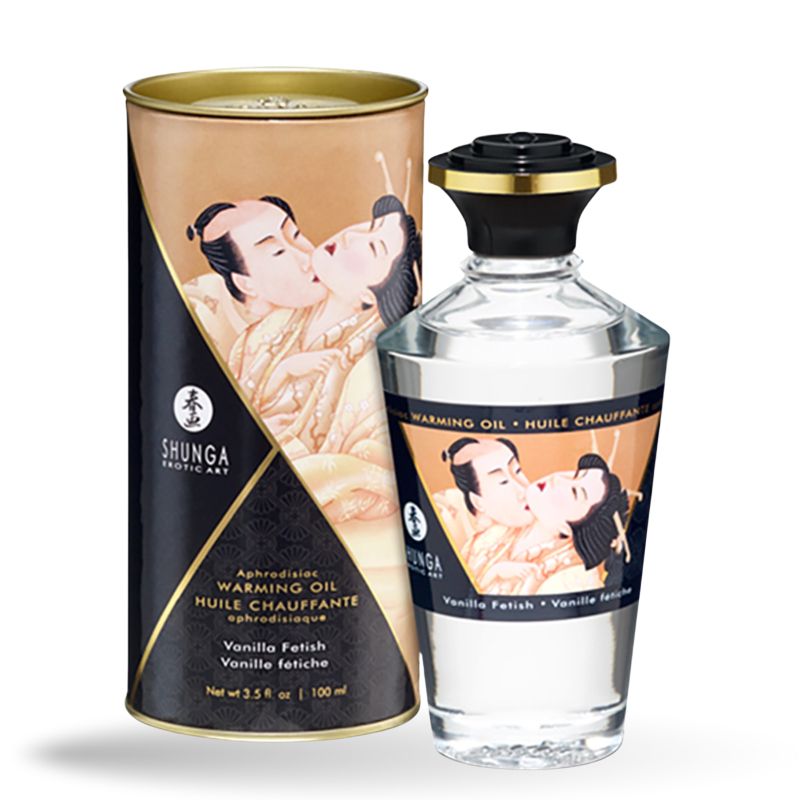 Massageöl mit Aroma Vanille in Glasflasche und Dose. Aufschrift: Warming Oil, Vanilla Fetish. Abbildung: küssendes Paar.