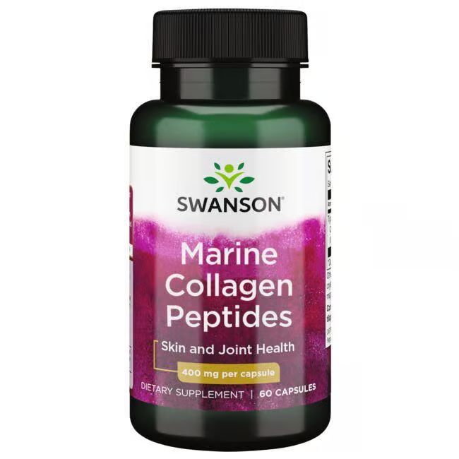 Grüne Flasche mit schwarzen Deckel. Aufschrift: SWANSON Marine Kollagenpeptide, 400 mg pro Kapsel, 60 Kapseln.