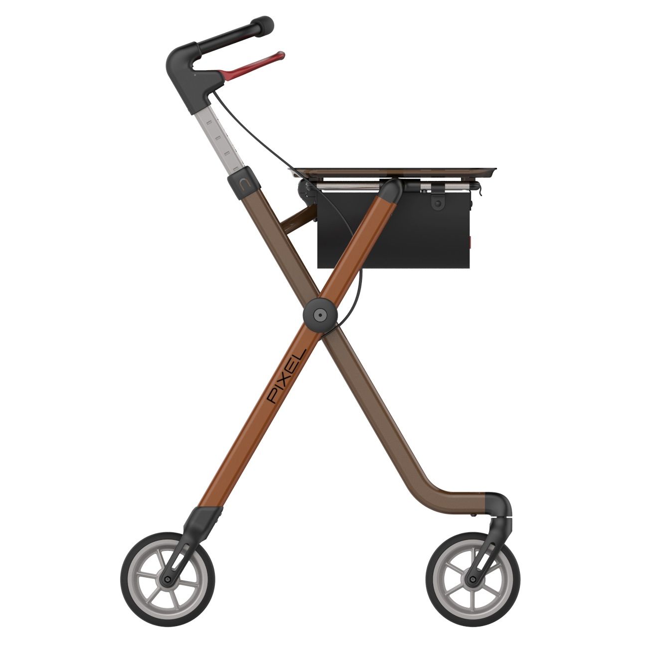 Rollator in Seitenansicht. Braune und schwarze Elemente. Vier Räder, Tablett und Einkaufskorb. Griffe mit roten Akzenten. Aufschrift: PIXEL.