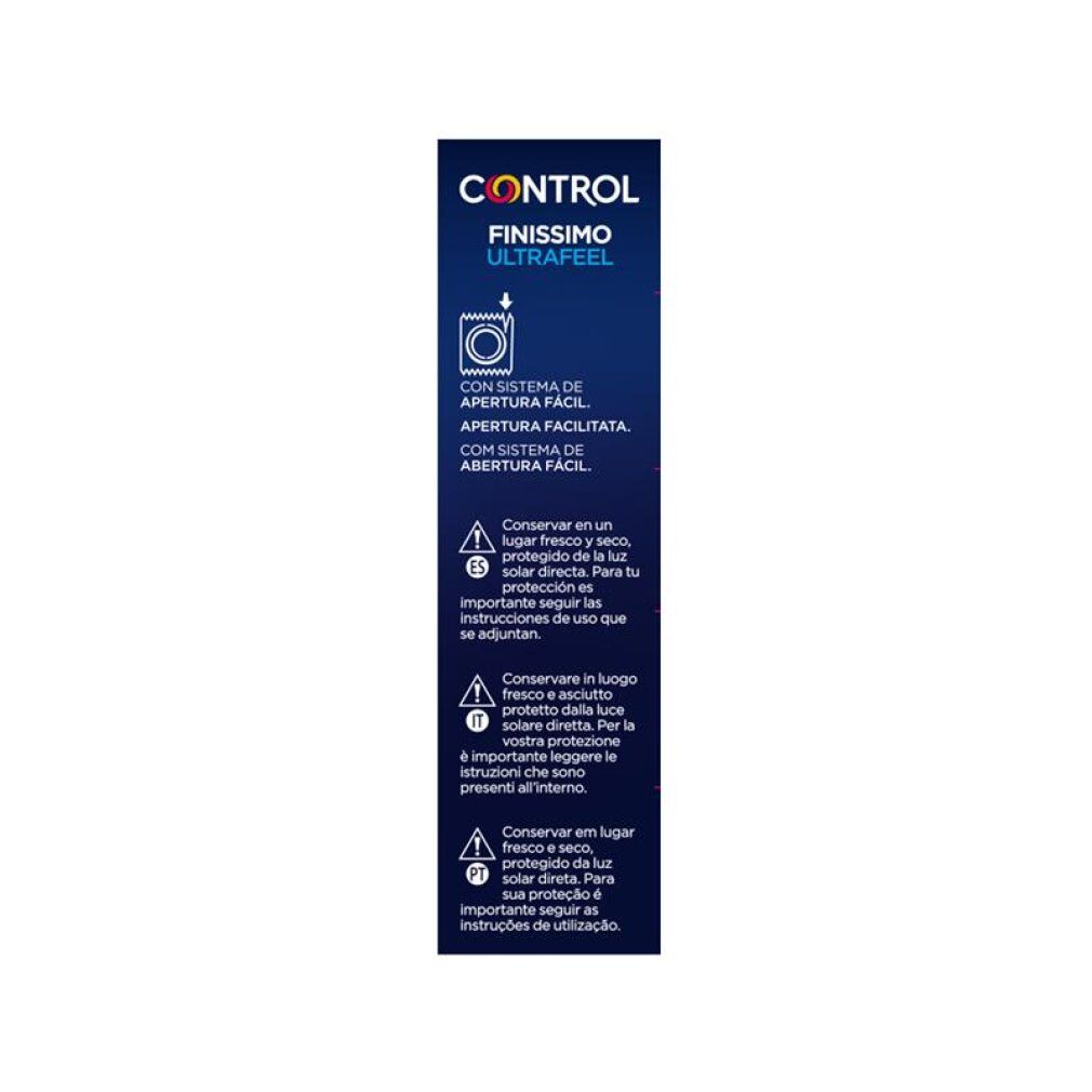 Seite der Control Finissimo Ultra Feel Kondompackung. Zeigt Anwendungshinweise und Lagerung.