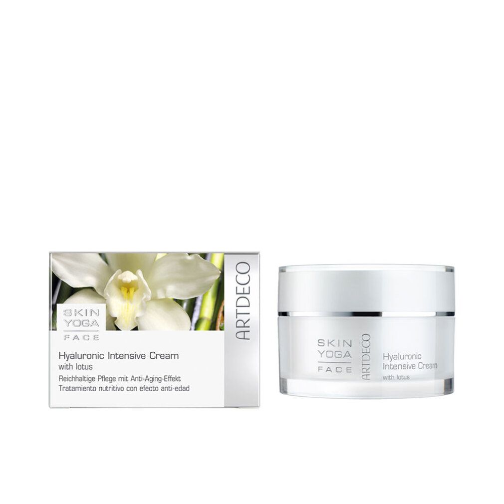 Creme-Tiegel und Schachtel. Aufschrift: Skin Yoga Face, Artdeco, Hyaluronic Intensive Cream with lotus.