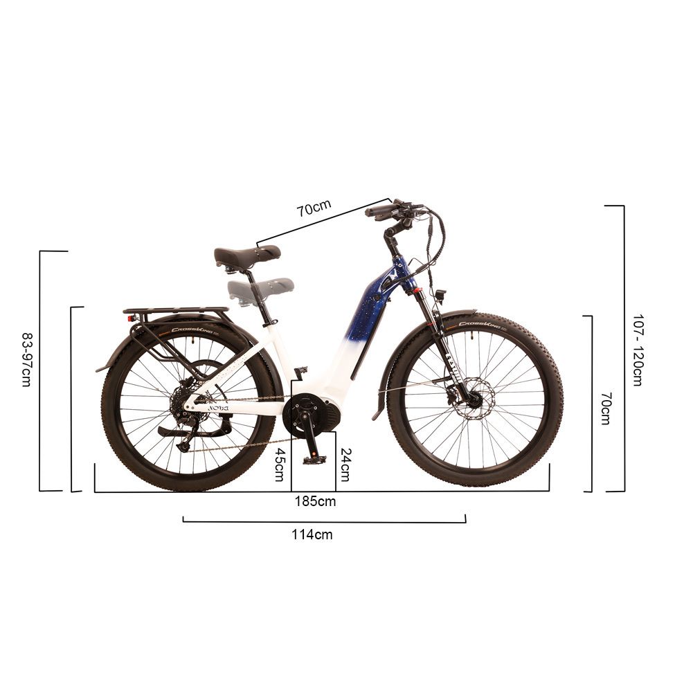 E-Bike mit Mittelmotor, weiß-blau. Abmessungen: 185cm lang, 107-120cm hoch. Gepäckträger, Schutzbleche.