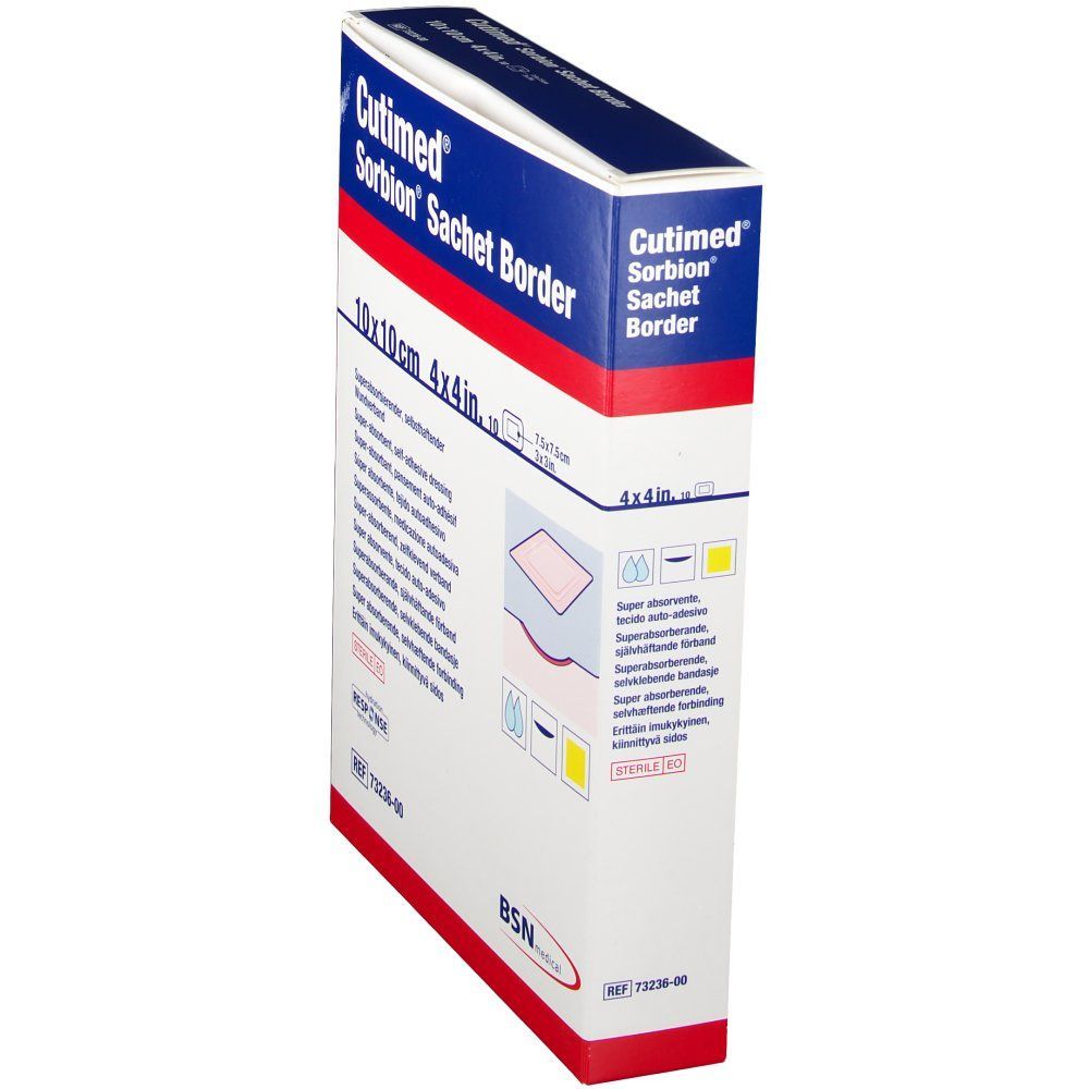 Schräg gestellte Verpackung von Cutimed Sorbion Sachet Border, 10x10cm. Aufschrift: Superabsorbierend, selbsthaftend. BSN medical Logo.