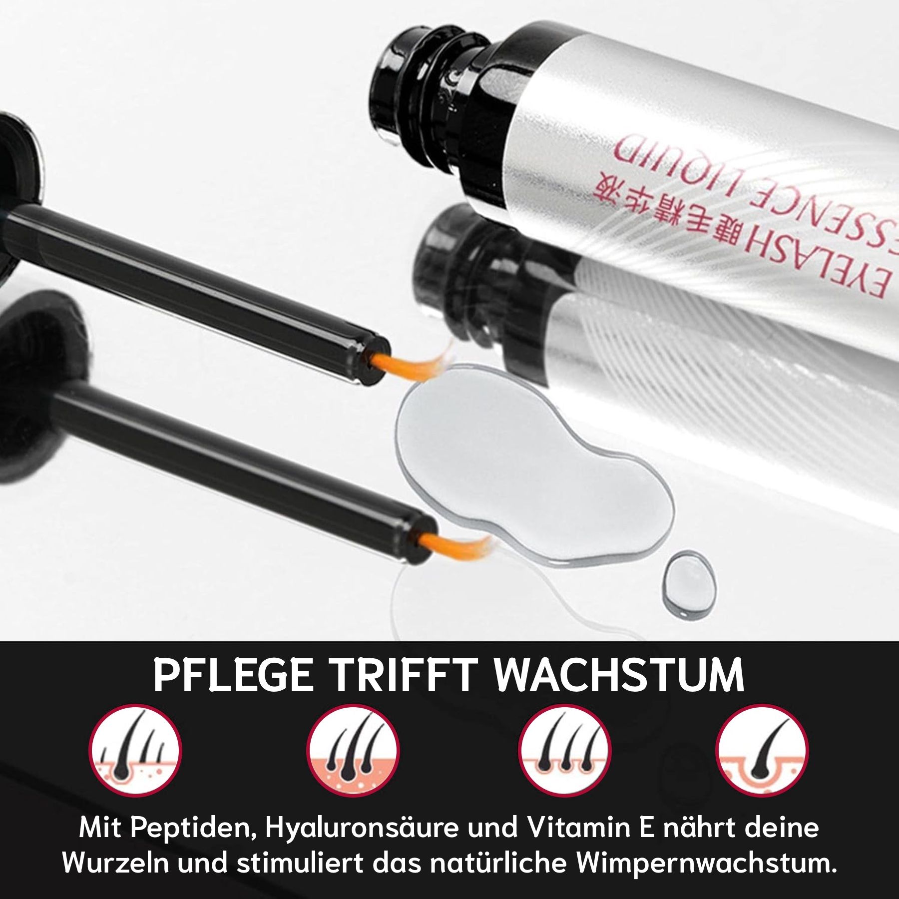 Applikator und Flüssigkeitstropfen. Text: Pflege trifft Wachstum. Illustrationen von Haarfollikeln.