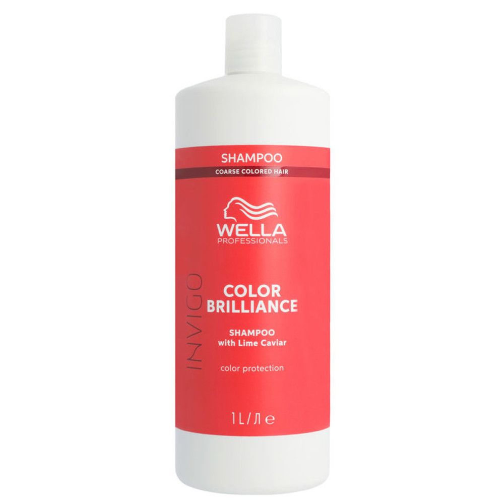 Weiße Shampoo-Flasche mit rotem Etikett. Text: Wella Professionals, Invigo, Color Brilliance, Shampoo with Lime Caviar. 1L.