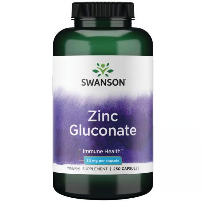 Grüne Flasche mit weißem Etikett. Aufschrift: SWANSON, Zinkgluconat, 50 mg pro Kapsel, 250 Kapseln.
