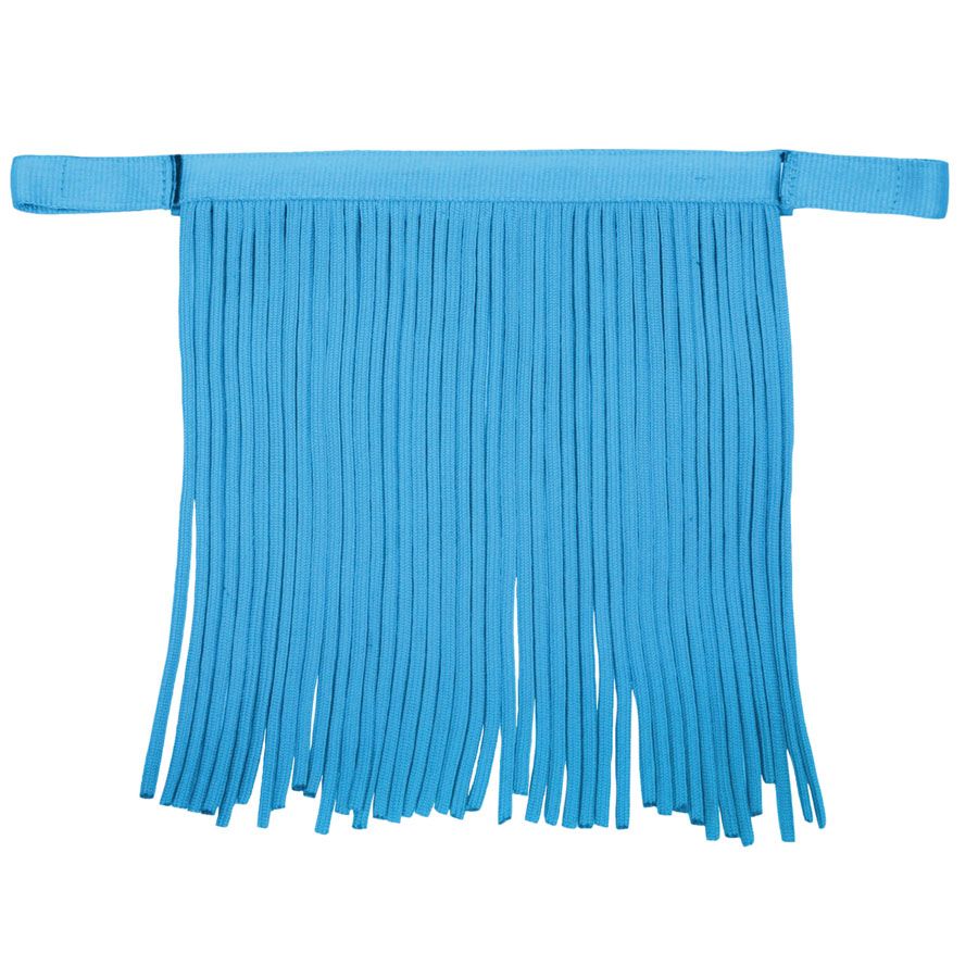 Türkisfarbener Fliegenfransenschutz für Pferde. Mit Stoffband und Fransen. Für Warmblüter.