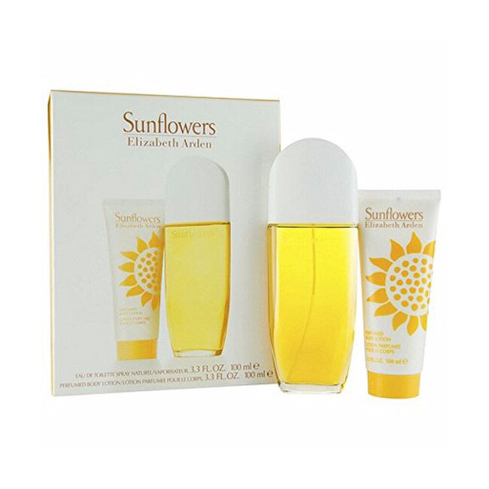 Geschenkset mit Eau de Toilette Spray, Tube und Flakon. Aufdruck: Sonnenblume. Verpackung: weiß.
