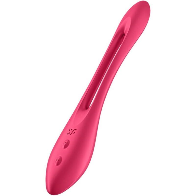 Rosa Vibrator mit Öffnung. Zwei Knöpfe. Glatte Oberfläche. Ergonomisches Design. SF-Logo.