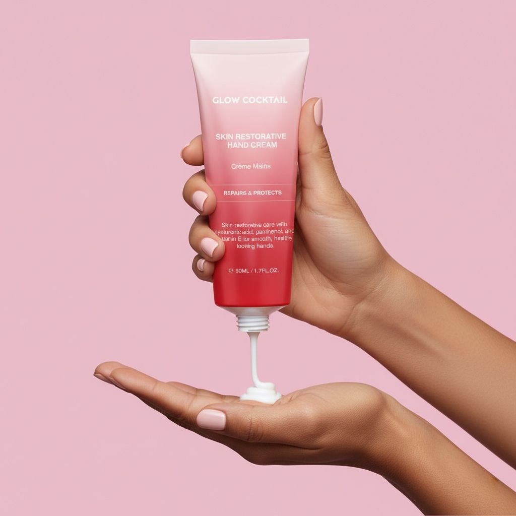 Handcreme-Tube wird in Händen gehalten. Creme wird auf die Handfläche gedrückt. Text: Glow Cocktail, Skin Restorative Hand Cream, Crème Mains.