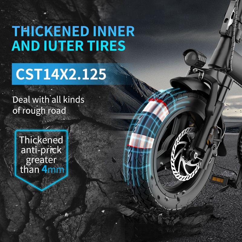 Nahaufnahme des Reifens. Text: 'THICKENED INNER AND OUTER TIRES' und 'CST14X2.125'.