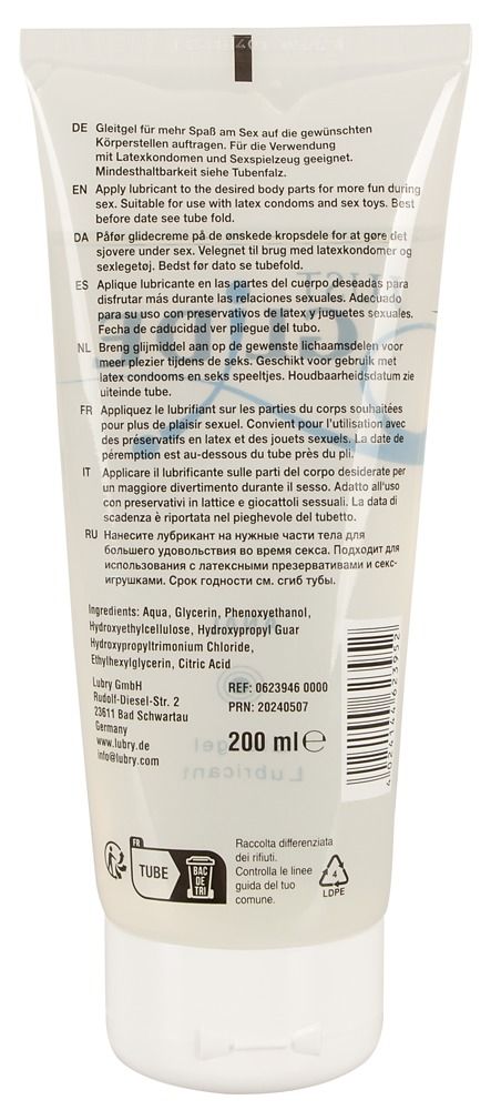 Rückseite einer Tube mit transparentem Gel. Text: Anwendung, Inhaltsstoffe, Hersteller, Chargennummer, 200 ml.