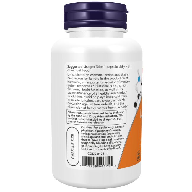 Rückseite der Now Foods L-Histidin 600 mg Flasche mit Anwendungshinweisen und Inhaltsstoffen. Weiße Flasche mit orange-weißem Etikett.