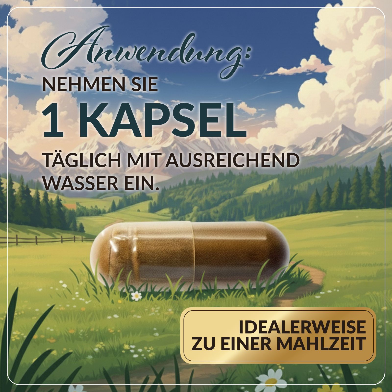 Nahaufnahme einer Kapsel auf Gras. Text: Nehmen Sie 1 Kapsel täglich mit Wasser ein. Ideal zu einer Mahlzeit.
