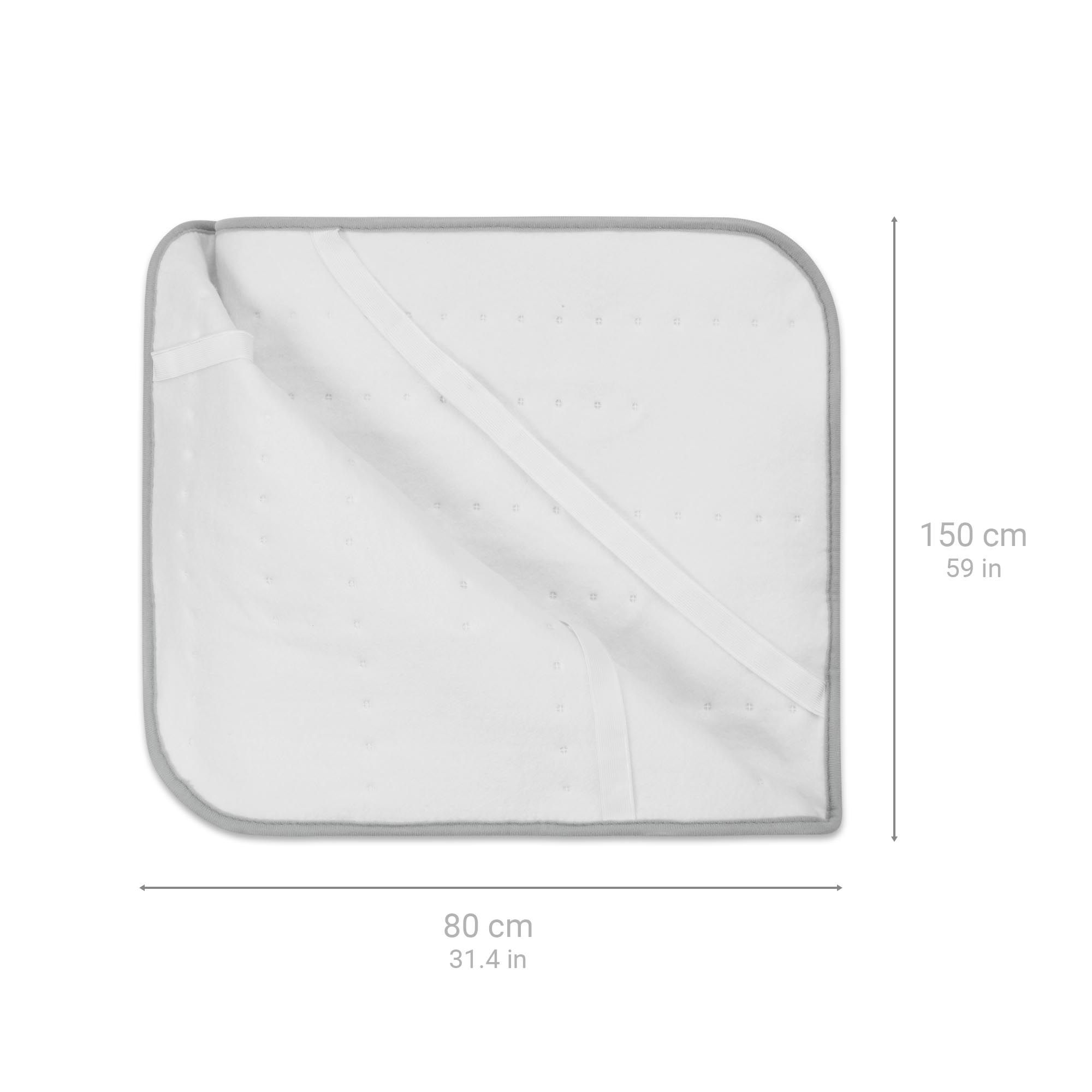 Weißes Wärmeunterbett mit grauem Rand. Abmessungen: 80 x 150 cm.