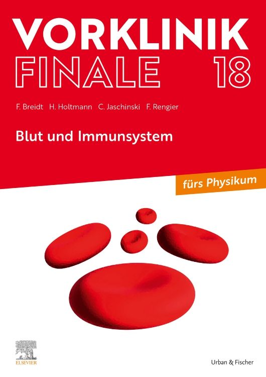Buchcover mit Titel Vorklinik Finale 18. Titel: Blut und Immunsystem. Rote Blutkörperchen abgebildet.
