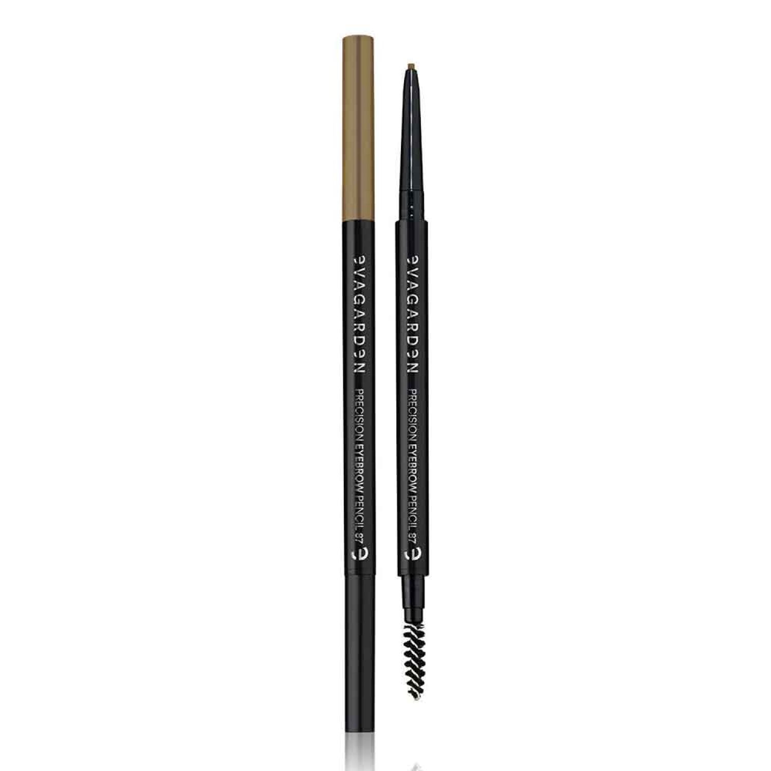 Augenbrauenstift, dunkelgrau mit hellbrauner Mine. Aufschrift: 3VAGARDEN PRECISION EYEBROW PENCIL. Mit Bürste.