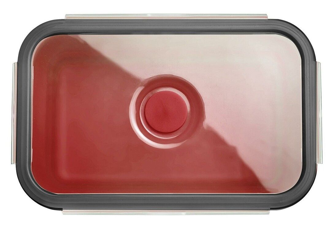 Draufsicht auf eine rote, rechteckige Frischhaltedose mit transparentem Deckel und rotem Knopf.