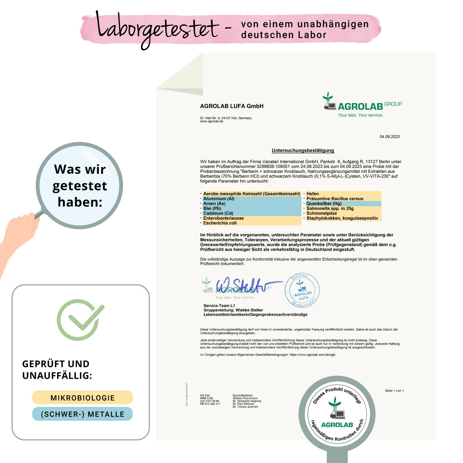 Laborbericht von AGROLAB LUFA GmbH. Geprüft und unauffällig: Mikrobiologie (Schwermetalle).