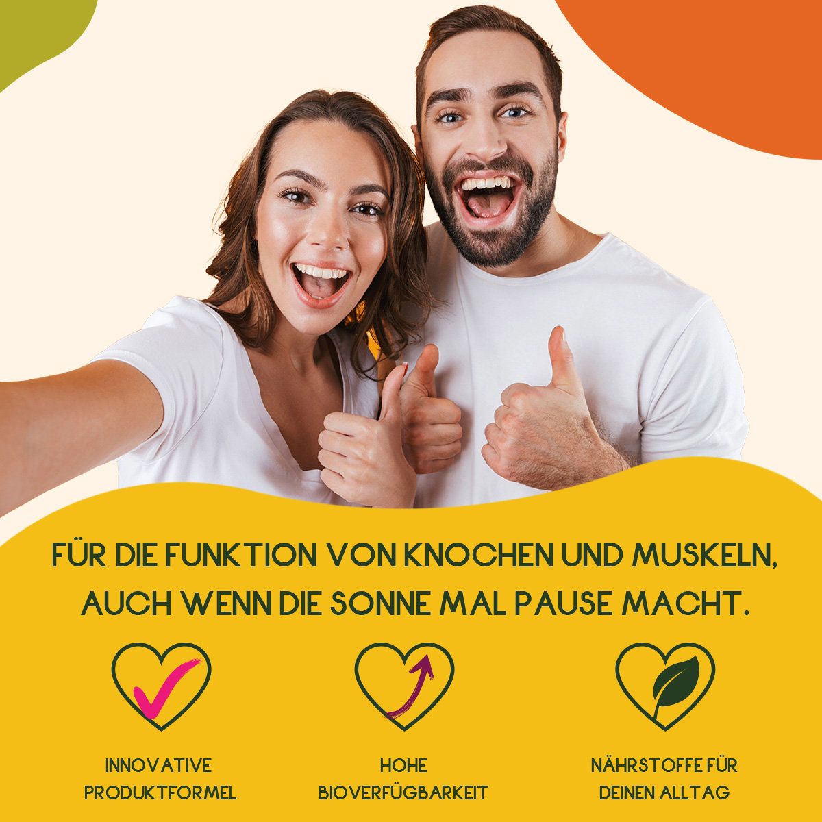 Paar mit Daumen hoch. Text: Für die Funktion von Knochen und Muskeln. Logos: Innovative Produktformel, Hohe Bioverfügbarkeit, Nährstoffe für deinen Alltag.