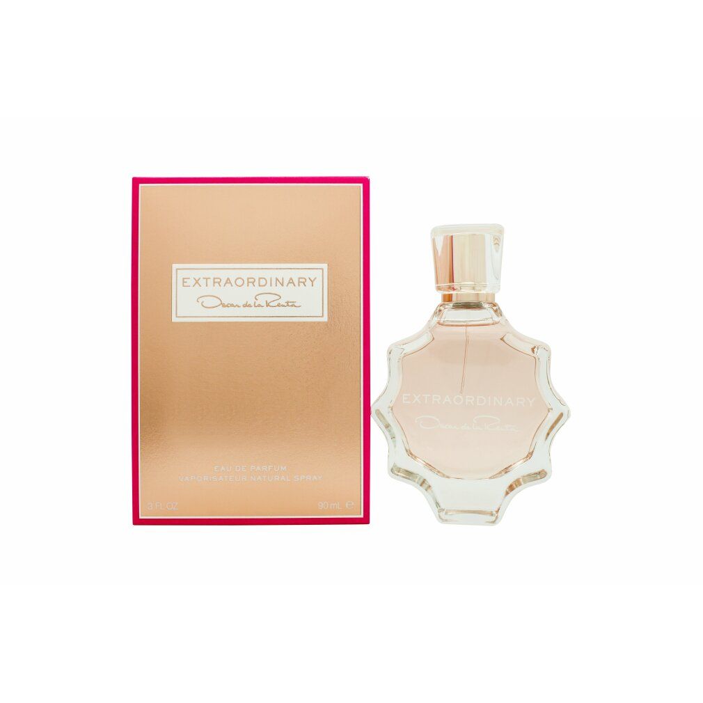 Parfümflakon und Verpackung. Flakon mit rosafarbenem Inhalt, goldfarbenem Verschluss. Verpackung in Rosa und Gold mit Schriftzug.