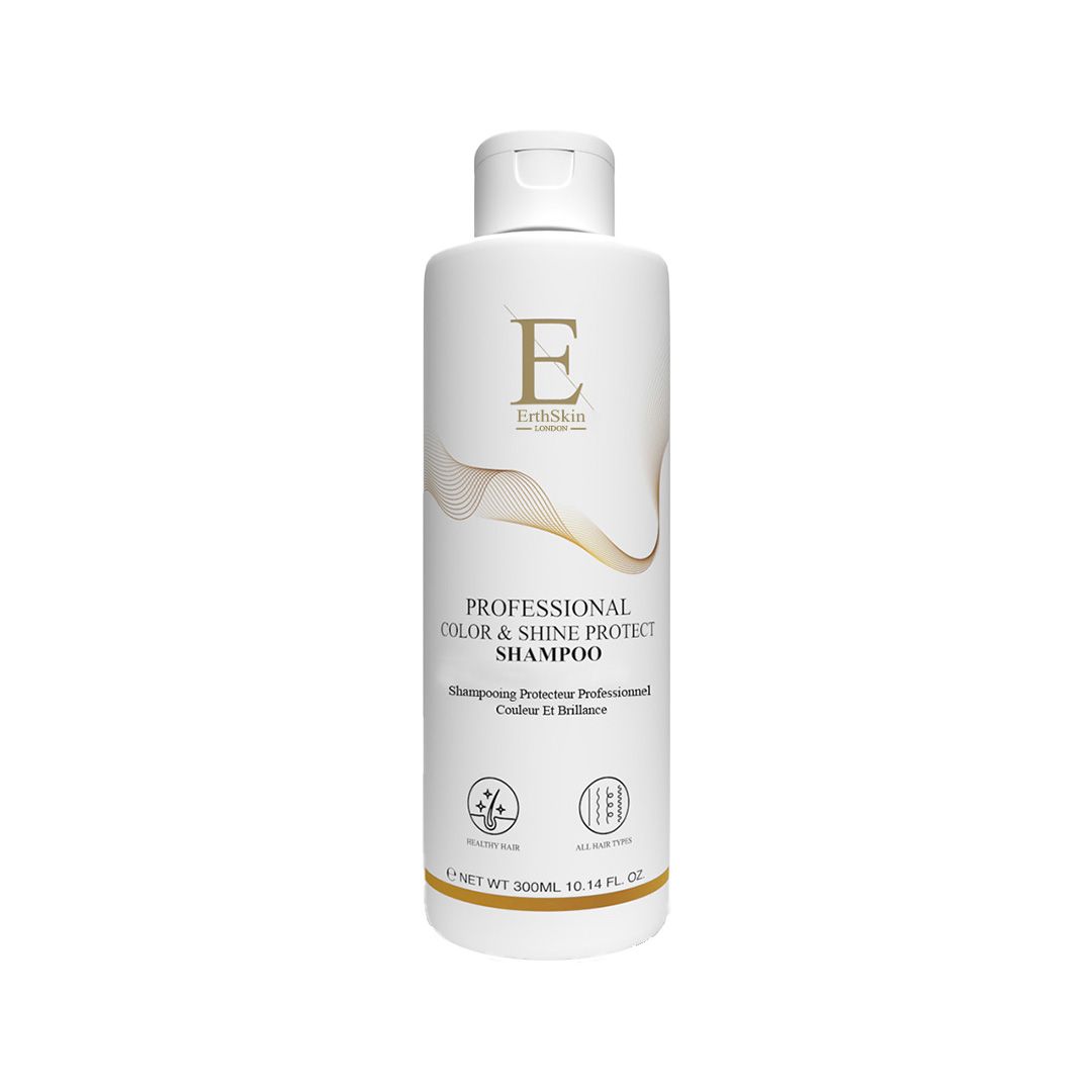 Weiße Shampoo-Flasche mit goldfarbenem Etikett. Aufschrift: Professional Color & Shine Protect Shampoo. Logo: ErthSkin.