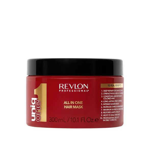 Rote Dose mit schwarzem Deckel. Aufschrift: Revlon Professional UniqOne, All in One Hair Mask. 300ml/10.1 Fl.Oz.e.