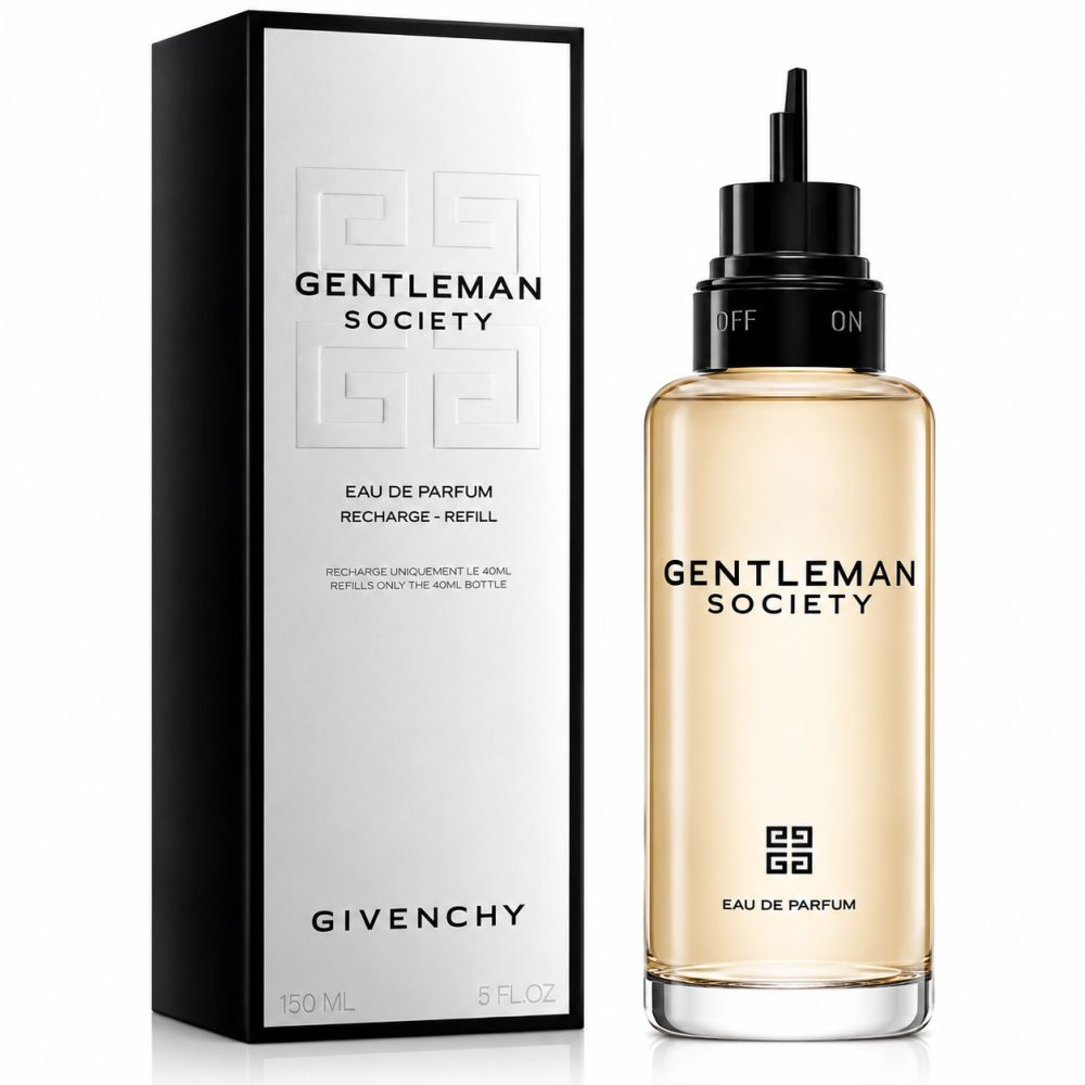 Givenchy Gentleman Society Eau de Parfum Flakon und Nachfüllpackung. Schwarzer Verschluss mit Applikator.