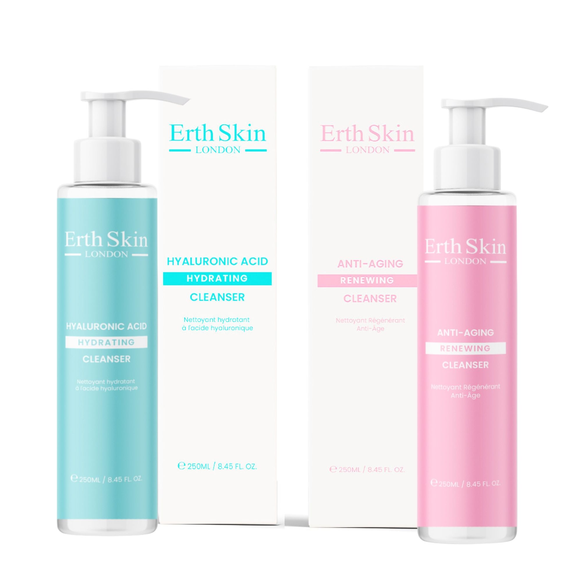 Zwei Flaschen mit Pumpverschluss und Kartons. Aufschrift: Erth Skin London. Eine Flasche blau, eine rosa. Aufschrift: Hyaluronsäure, Anti-Aging.