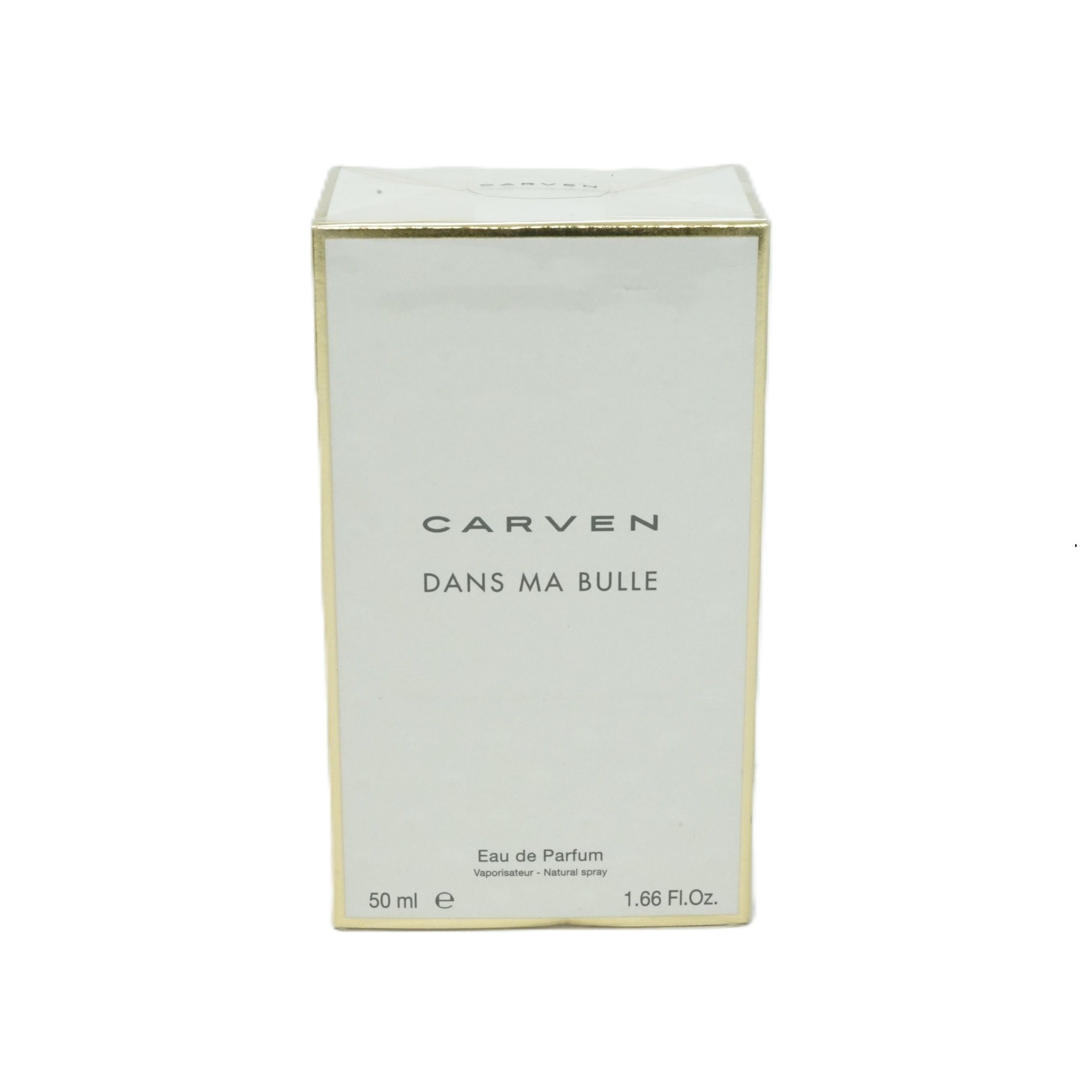 Weißer Karton mit goldfarbenen Rändern. Aufschrift: CARVEN DANS MA BULLE Eau de Parfum. 50 ml.