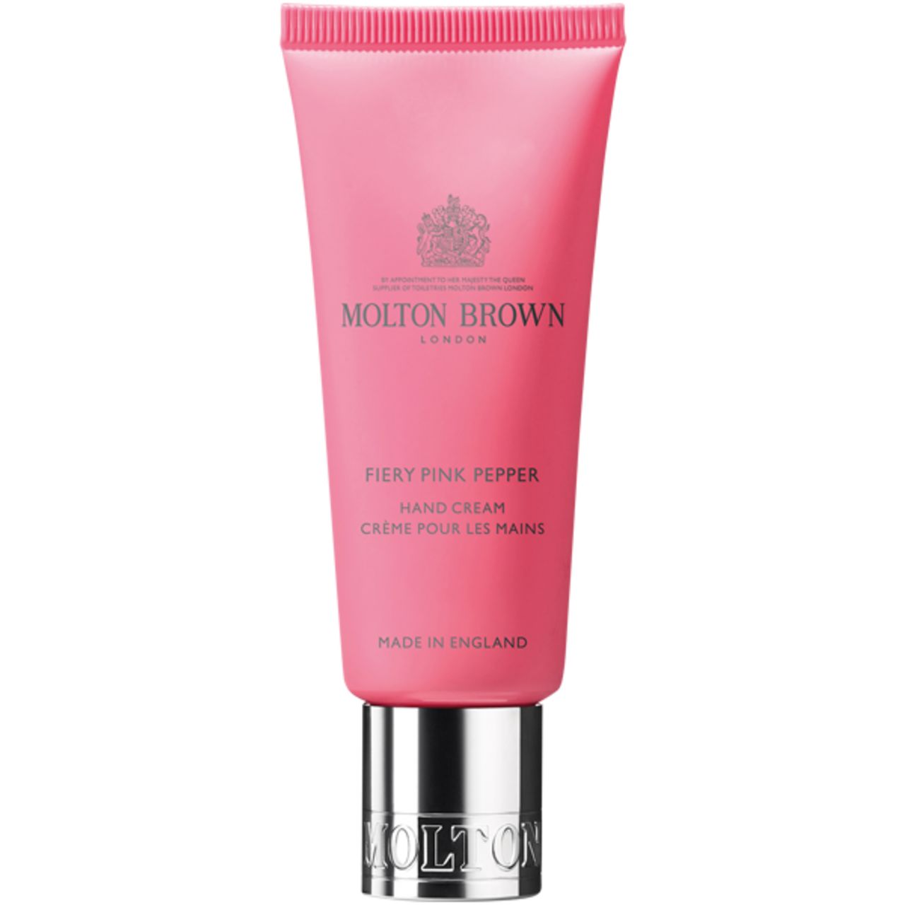 Eine rosa Tube Handcreme mit silbernem Verschluss und dem Molton Brown Logo.