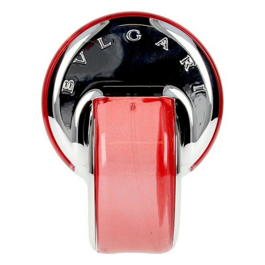 Roter und silberner Flakon. Bvlgari-Logo. Runde Form.