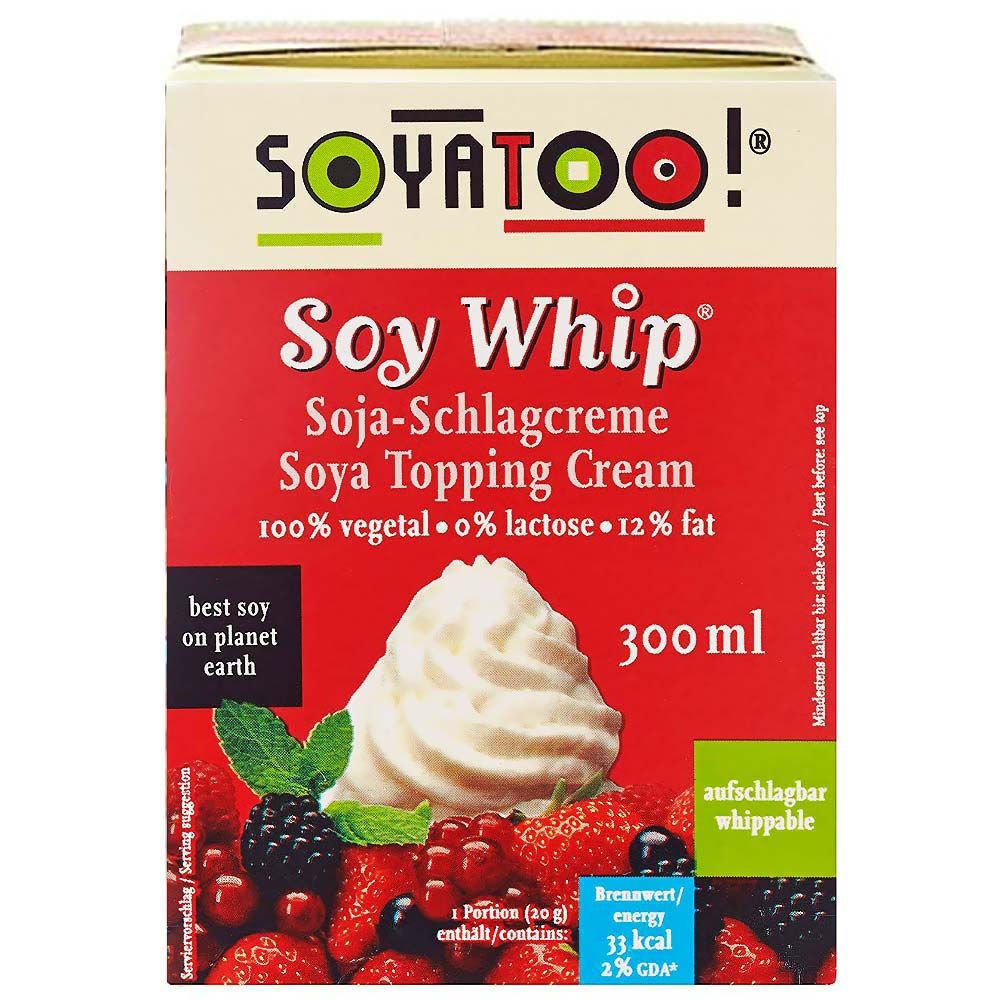 Verpackung von Soyatoo Soja Schlagcreme. Rote Box mit Produktnamen, Schlagcreme-Abbildung und Text. Enthält 300 ml.