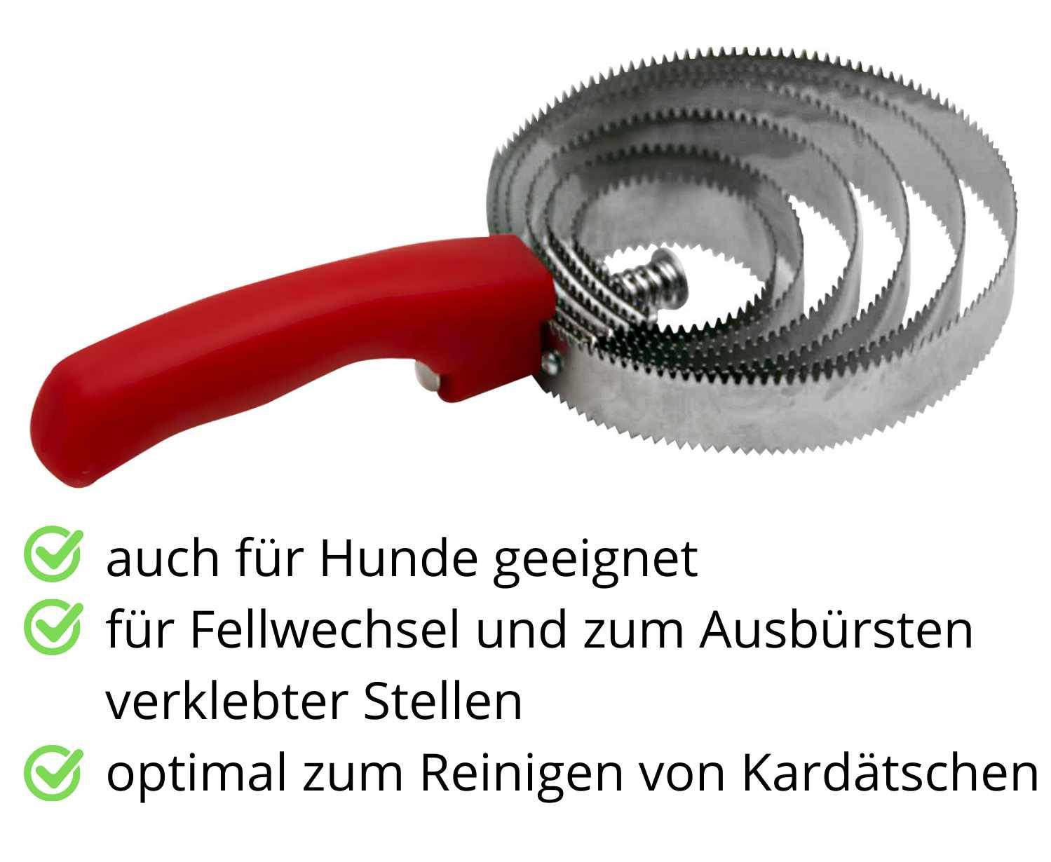 Federstriegel mit rotem Griff. Geeignet für Hunde, Fellwechsel und zum Ausbürsten verklebter Stellen. Optimal zum Reinigen von Kardätschen.