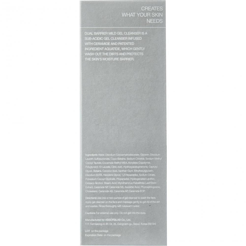 Rückseite der Celimax Dual Barrier Mild Gel Cleanser Verpackung mit Inhaltsstoffen und Anwendungshinweisen.