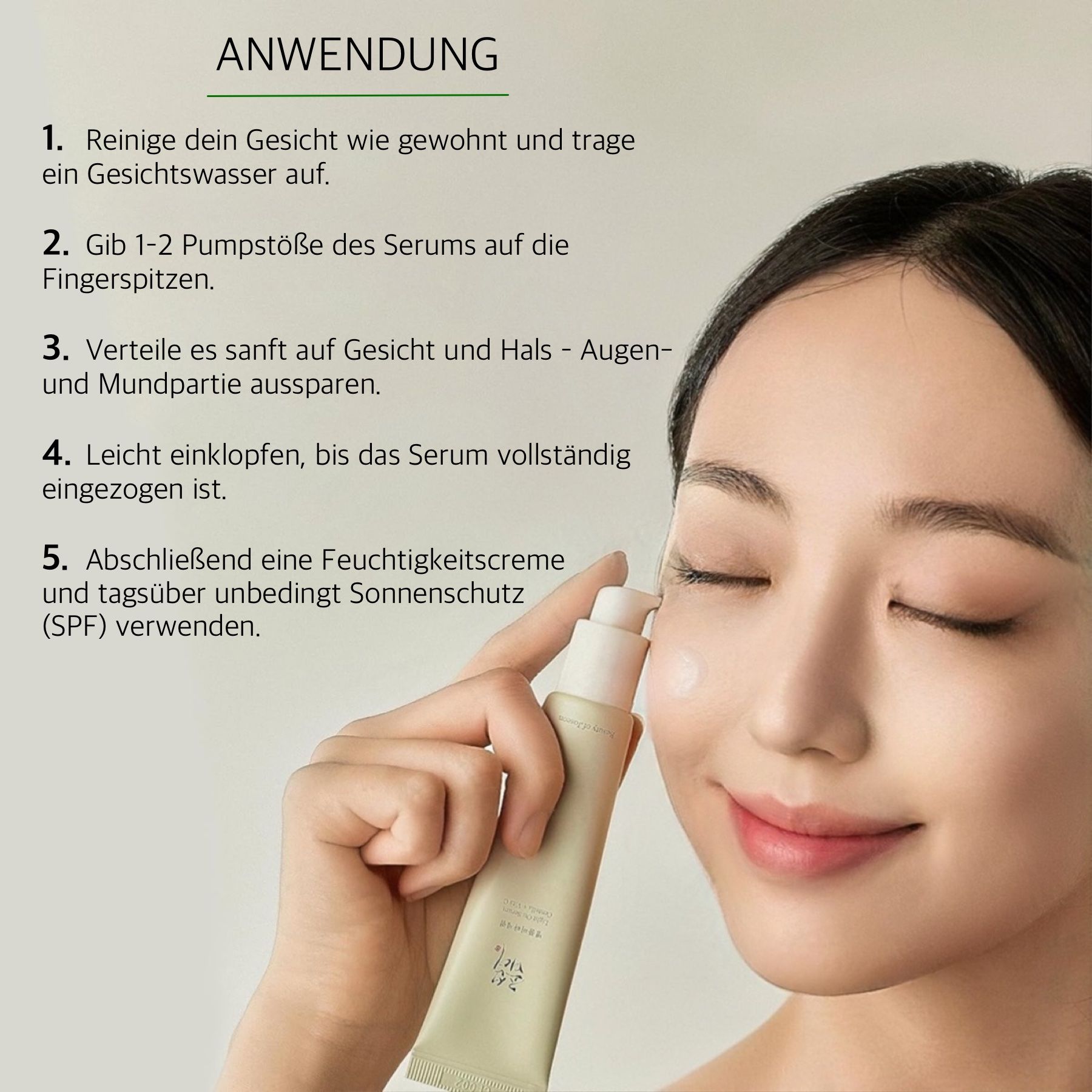 Anwendung des Serums. Frau trägt Serum auf. Produktname Beauty of Joseon sichtbar. Schrittweise Anleitung.