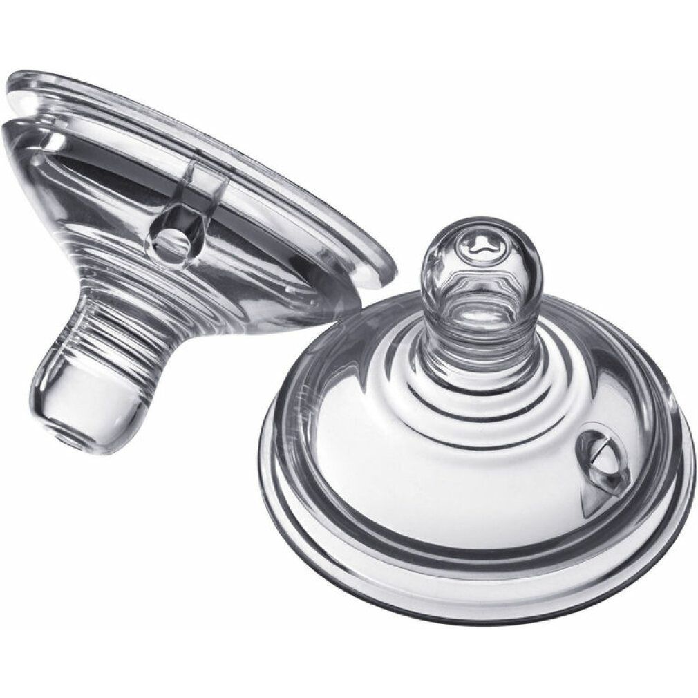 Zwei transparente Brustwarzen. Eine Brustwarze liegt, die andere steht aufrecht. Beide haben Anti-Colic-Aufdruck.