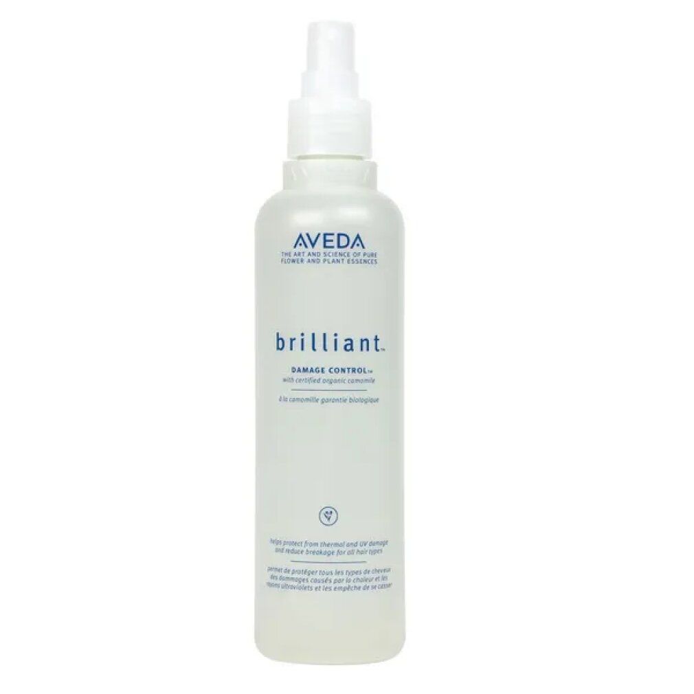 Aveda Brilliant Damage Control. Flasche mit Sprühkopf. Text: Aveda, brilliant, Damage Control. 250 ml.