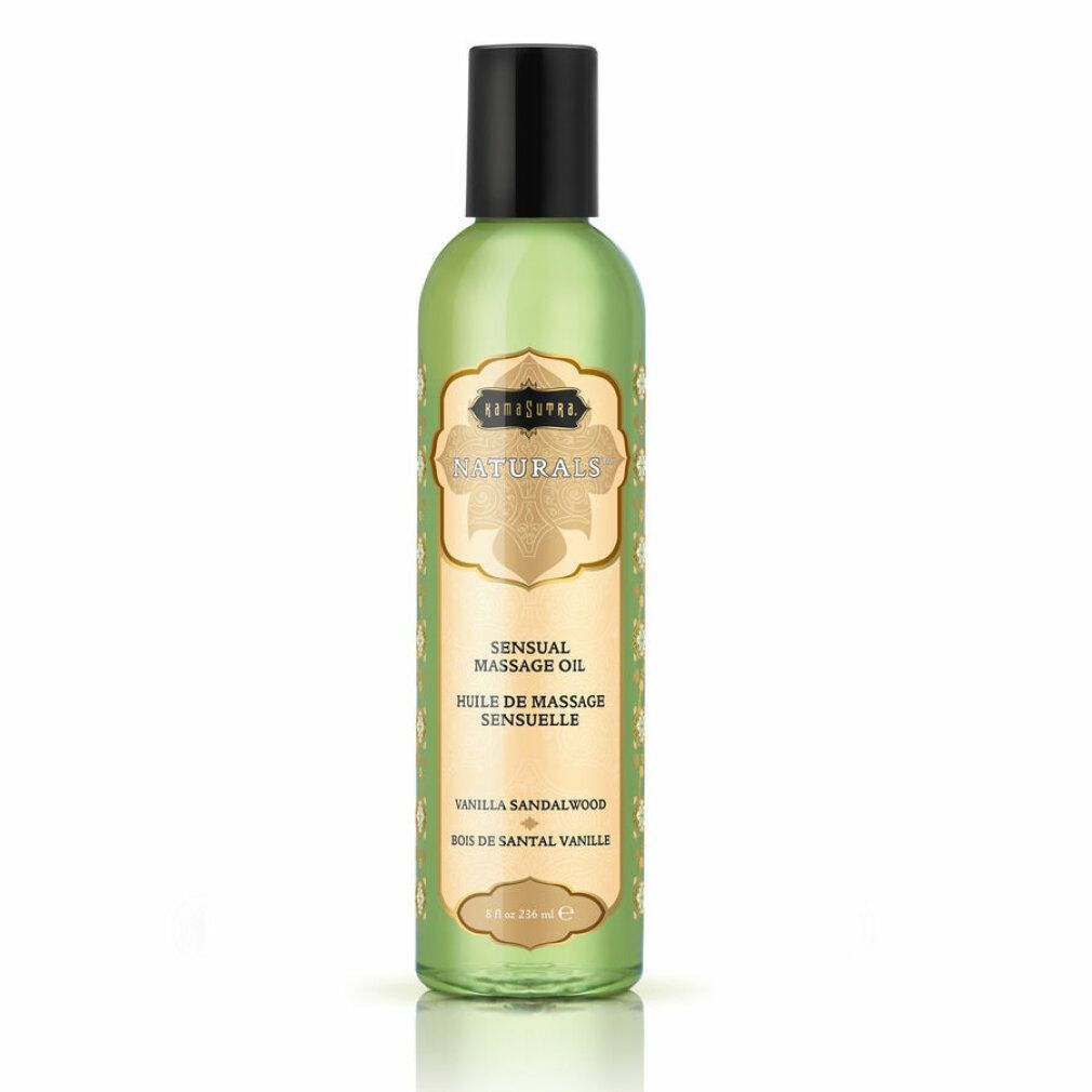 Grüne Flasche mit schwarzem Deckel. Text: Kama Sutra Naturals, Sensual Massage Oil, Vanilla Sandelwood. Goldfarbene Etiketten.